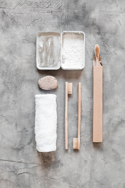 A vertical top view of eco-friendly zero waste bathroom supplies for personal hygiene - 写真・画像
