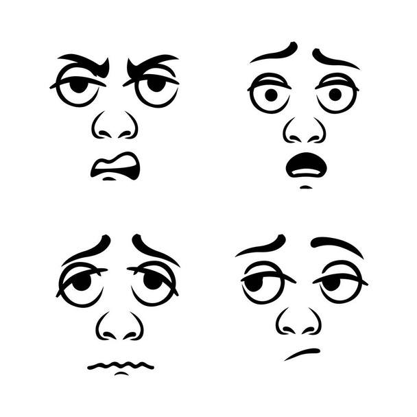 Uitdrukking negatieve emoties. Ontevreden karakters gezicht verandert in onzekerheid en angst. - Vector, afbeelding