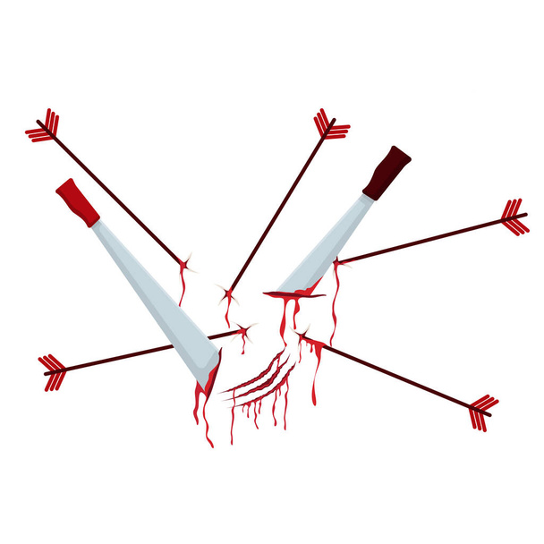 Swords and arrows stuck into surface with flowing blood clipart. Abstract field after battle with bloody prints. - Vector, Image
