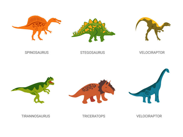 Dinosauři z Jurského období. Silný červený spinosaurus se zeleným býložravým stegosaurem. - Vektor, obrázek