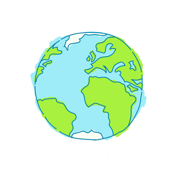 Ζωγραφισμένος στο χέρι πλανήτης Γη. Παγκόσμιος χάρτης με πράσινες ηπείρους σκίτσο και μπλε θολή ωκεανούς γεωγραφική doodle. - Διάνυσμα, εικόνα
