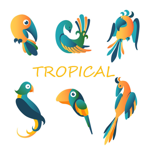 Tropical exotic birds. Green paradise parrots with big billed yellow toucan. - Vector, Image
