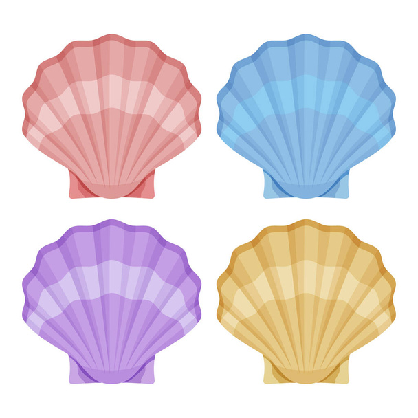 Closed oyster shells. Red ribbed sashes with blue shade wave and purple seashells luxury yellow decoration. - Vector, Image