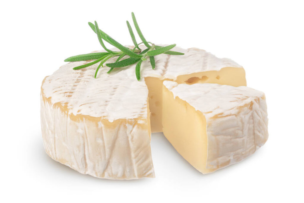 Camembert cheese with rosemary isolated on white background with clipping path and full depth of field - Photo, Image