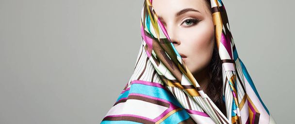 beautiful woman in color flower veil. beauty girl in colorful hijab. fashion Oriental style woman - Fotografie, Obrázek