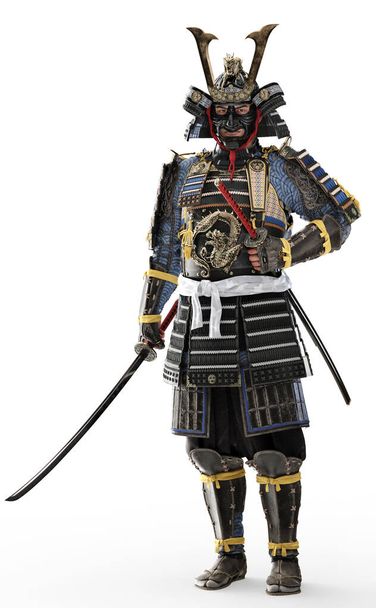 Retrato de um guerreiro samurai japonês usando armadura tradicional e empunhando uma katana em um fundo branco. Renderização 3d - Foto, Imagem