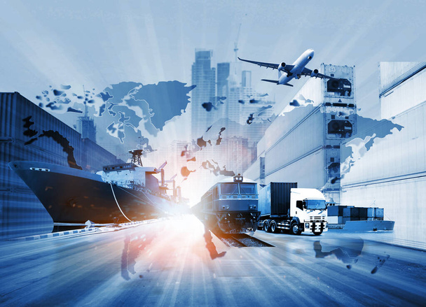 Світове логістичне тло або транспортна галузь або судноплавний бізнес, вантаж Container Cargo, доставка вантажівок, літак, експорт Концепція імпорту - Фото, зображення