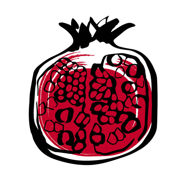 Granátová jablka ovoce ilustrace v linii umění černá a červená barva izolované na bílém - Vektor, obrázek