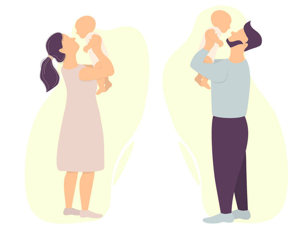 Vektorová sada šťastných rodičů. Muž a žena drží novorozeně dítě. Vektor. plochá ilustrace pro design, dekoraci, tisk a pohlednice - Vektor, obrázek