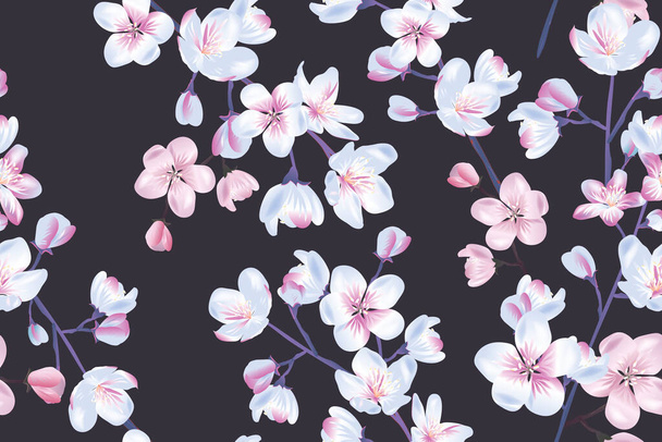 Floral seamless pattern, sakura flowers with branch and leaves on dark background - Vektor, kép