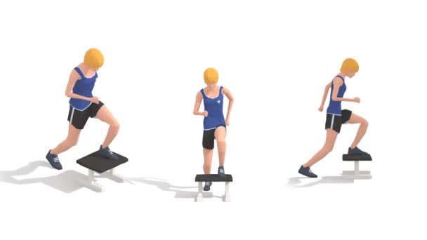 椅子ステップアップ女性の運動アニメーション3Dモデル白地にターンテーブル - 映像、動画