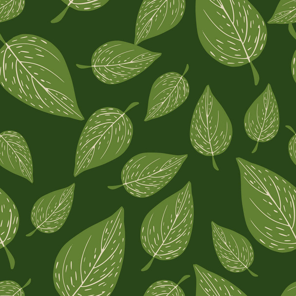 ランダムな緑の葉のシルエットと春の自然シームレスパターン。植物学的背景。テキスタイル、ファブリック、ギフトラップ、壁紙のためのフラットベクトルプリント。エンドレスイラスト. - ベクター画像