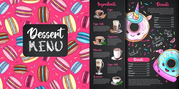 Chalk drawing dessert menu design with sweet french macaroons - Vecteur, image