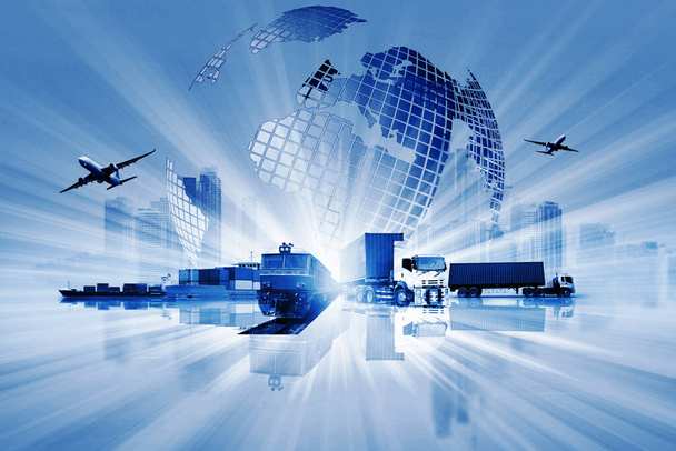 世界の物流の背景や輸送業界や海運業、コンテナ貨物輸送、トラック輸送、飛行機、輸入輸出コンセプト - 写真・画像
