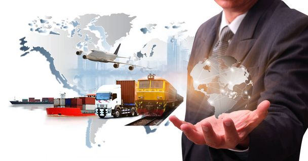 O contexto mundial de logística ou transporte Indústria ou negócios de transporte, remessa de carga de contêiner, entrega de caminhão, avião, conceito de exportação de importação - Foto, Imagem