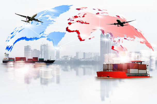 Dünya lojistik geçmişi veya ulaşım sektörü veya nakliye sektörü, konteyner sevkiyatı, kamyon teslimatı, uçak, ithalat ihracat kavramı - Fotoğraf, Görsel