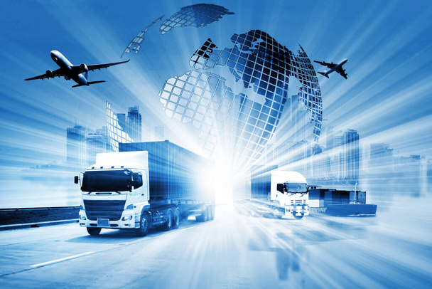 Światowej logistyki tła lub transportu Przemysł lub firma żeglugowa, Dostawa ładunków kontenerowych, dostawa samochodów ciężarowych, samolot, import eksportu Concept - Zdjęcie, obraz