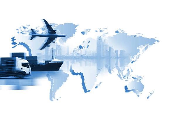 Dünya lojistiği, arka planda lojistik ağ dağılımlı dünya haritası ve hızlı ya da ani nakliye kavramı için lojistik endüstriyel yük gemisi var. - Fotoğraf, Görsel