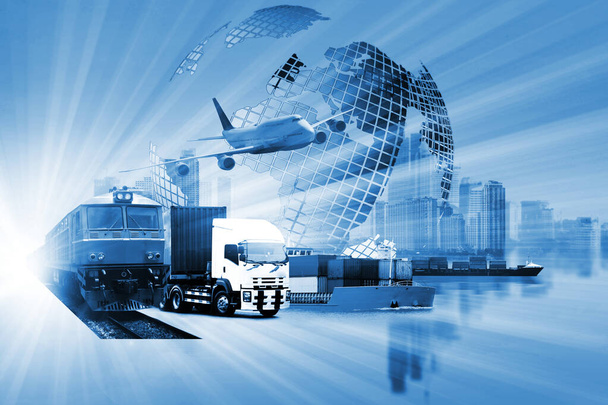 Il background logistico mondiale o il trasporto Industria o trasporto business, Container Cargo spedizione, consegna camion, aereo, import export Concetto - Foto, immagini