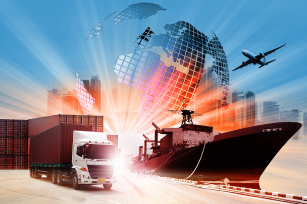 世界の物流の背景や輸送業界や海運業、コンテナ貨物輸送、トラック輸送、飛行機、輸入輸出コンセプト - 写真・画像