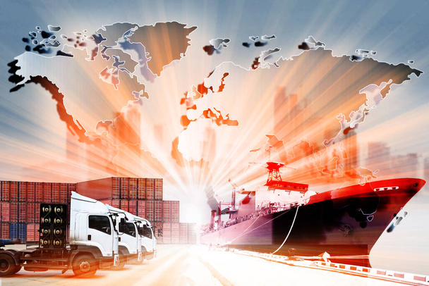 Światowej logistyki tła lub transportu Przemysł lub firma żeglugowa, Dostawa ładunków kontenerowych, dostawa samochodów ciężarowych, samolot, import eksportu Concept - Zdjęcie, obraz
