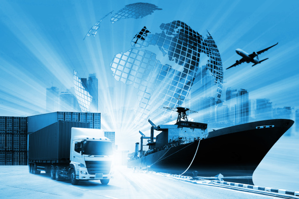 El fondo logístico mundial o transporte Industria o negocio de envío, envío de carga de contenedores, entrega de camiones, avión, concepto de exportación de importación - Foto, Imagen