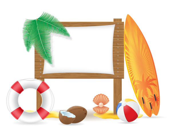 wooden board with beach icons vector illustration - Вектор,изображение