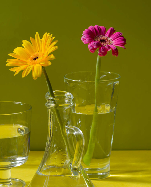 Gerberas in glass bottles on a green background. A floral minimalistic concept in a modern interior with harsh light and shadow. Beautiful shadows from glass vases in sunlight. Copy space. - Photo, Image