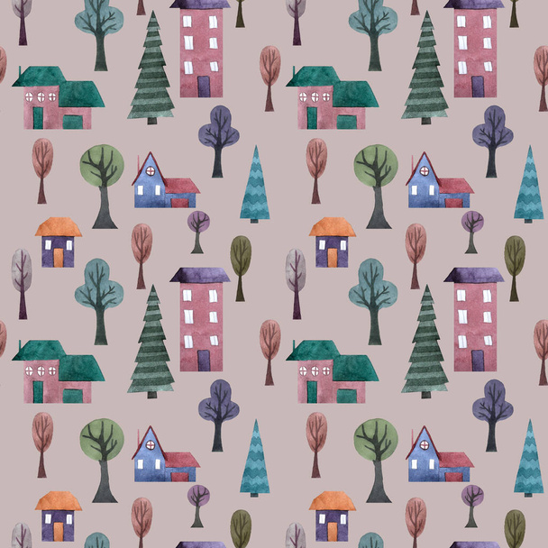 cute watercolor seamless pattern with stylized houses and trees on pink, purple background - Photo, Image