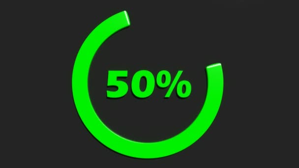 Un círculo verde girando alrededor del 50% escribir, en azul, sobre un fondo negro - 3D representación de vídeo clip de animación - Metraje, vídeo