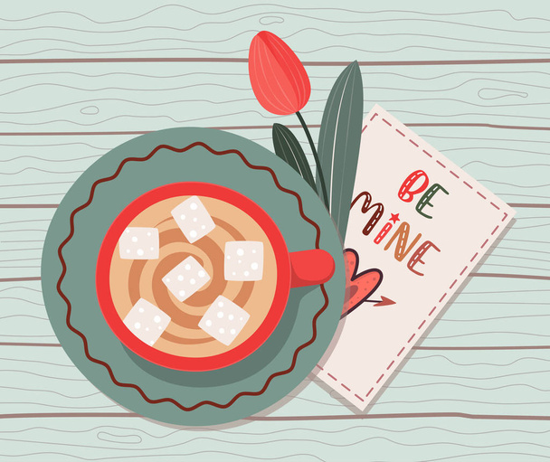 Cup of coffee with love card and tulip on wooden table. Valentine's day vector flatlay. Romantic objects. Happy Valentine's Day. Be mine. Heart with arrow. - Vector, Imagen