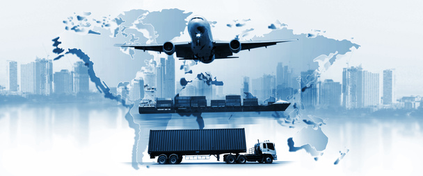 La logistica mondiale, ci sono mappa del mondo con distribuzione della rete logistica su sfondo e logistica Container industriale Nave merci per il concetto di trasporto veloce o istantaneo - Foto, immagini