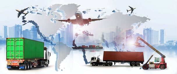 La logística mundial, hay mapa del mundo con la distribución de la red logística en segundo plano y Logística Industrial Container Cargo buque de carga para el concepto de envío rápido o instantáneo - Foto, imagen