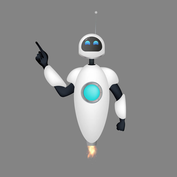 Robot volador blanco apunta con un dedo. El bot levantó su dedo índice. Bueno para el diseño de aplicaciones. Vector. - Vector, Imagen