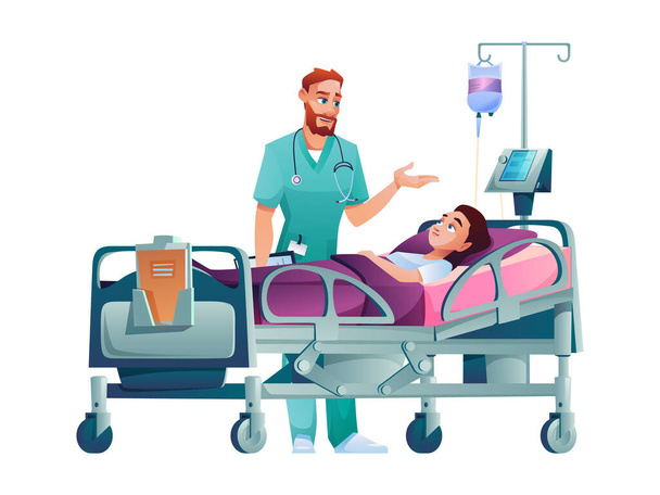Ασθενής στο κρεβάτι με σταγονόμετρο και γιατρό απομονωμένο - Διάνυσμα, εικόνα