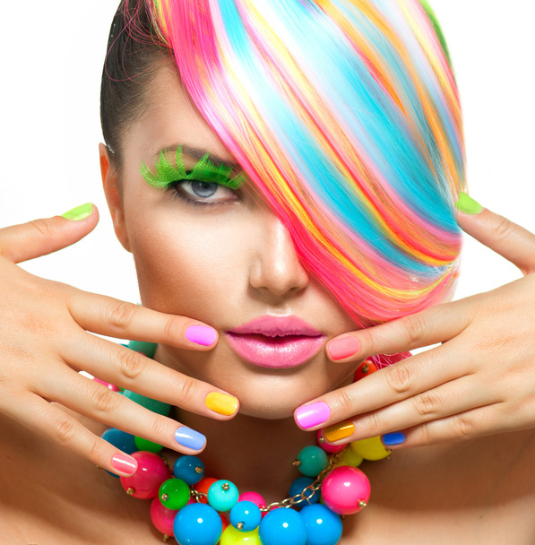 Beauty Girl Portrait with Colorful Makeup, Hair and Accessories - Fotó, kép
