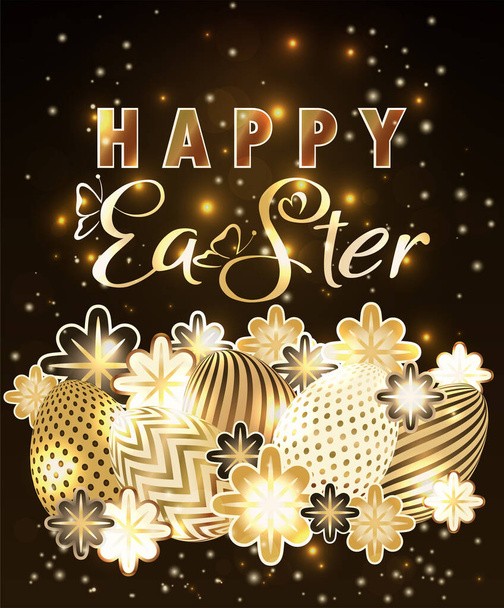 Happy Easter invitation background with golden eggs and flowers, vector illustration - ベクター画像
