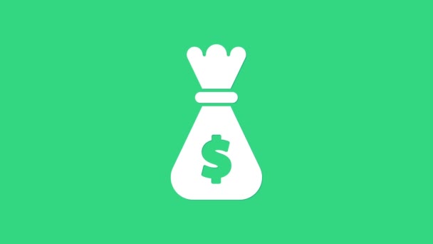 White Money bag icon isolated on green background. Dollar or USD symbol. Cash Banking currency sign. 4K Video motion graphic animation - Footage, Video