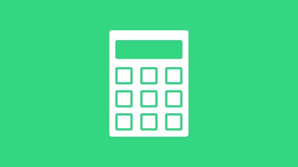Icono de la calculadora blanca aislado sobre fondo verde. Símbolo contable. Cálculos de negocio matemáticas educación y finanzas. Animación gráfica de vídeo 4K - Metraje, vídeo