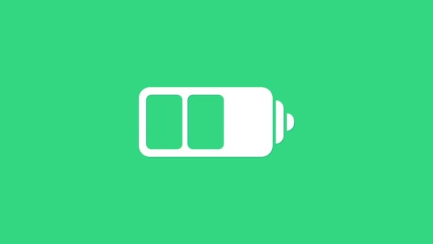 Bílá indikátor stavu nabití baterie ikona izolované na zeleném pozadí. Grafická animace pohybu videa 4K - Záběry, video