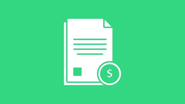 Ikona dokumentu White Finance izolovaná na zeleném pozadí. Papírový bankovní doklad s dolarovou mincí pro koncepci faktury nebo bankovky. Grafická animace pohybu videa 4K - Záběry, video