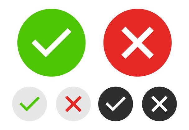 Συλλογή από σημάδια chek με πράσινο, κόκκινο, γκρι, μαύρο και άσπρο χρώμα. Πράσινο τσιμπούρι και κόκκινο σταυρό. ΝΑΙ ή ΟΧΙ αποδεχθεί και να αρνηθεί το σύμβολο. Κουμπιά για ψηφοφορία, εκλογή. Ελέγξτε το σήμα OK και τα εικονίδια X. Εικονογράφηση διανύσματος - Διάνυσμα, εικόνα