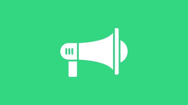 White Megaphone icon isolated on green background. Loud speach alert concept. Bullhorn for Mouthpiece scream promotion. 4K Video motion graphic animation - Footage, Video