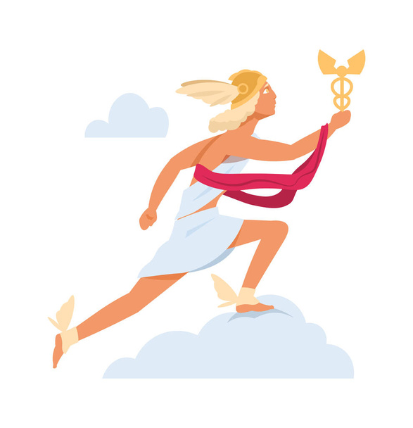Hermes or Mercury. Antique mythology character. God of Olympic pantheon. Cartoon man in winged sandals and helmet. Running male in toga with gold scepter. Vector ancient hero of legends - Vector, Image
