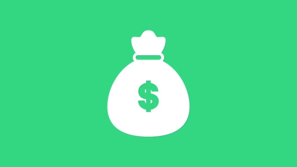 Icona sacchetto di denaro bianco isolato su sfondo verde. Dollaro o simbolo USD. Bancomat Banking segno di valuta. Animazione grafica 4K Video motion - Filmati, video