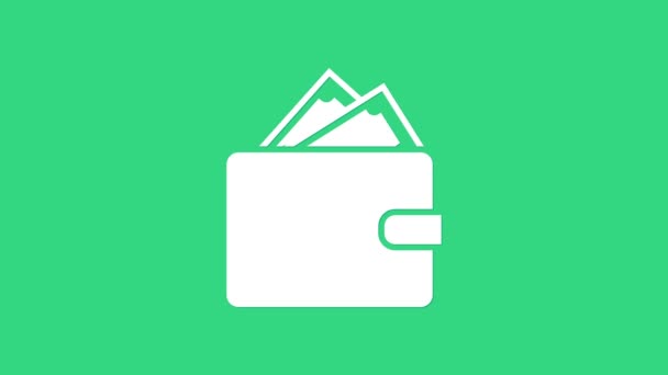 Weiße Brieftasche mit Stapeln Papiergeld Bargeld Symbol isoliert auf grünem Hintergrund. Portemonnaie. Bargeldsparsymbol. 4K Video Motion Grafik Animation - Filmmaterial, Video