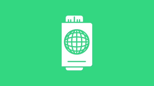 緑の背景に隔離されたチケットアイコンとホワイトパスポート。身分証明書。コンセプト旅行や観光。4Kビデオモーショングラフィックアニメーション - 映像、動画
