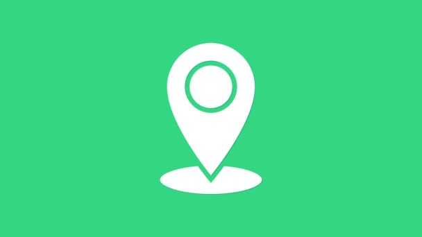 Icono de pin Mapa blanco aislado sobre fondo verde. Navegación, puntero, ubicación, mapa, GPS, dirección, lugar, brújula, contacto, búsqueda. Animación gráfica de vídeo 4K - Metraje, vídeo