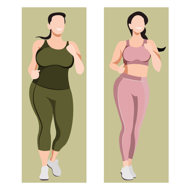 vector flat illustration on the topic of body positive. cheerful active girls plus size of natural beauty in a sports uniform - leggings and a sports bra. illustration isolated. colors can be changed. - Vector, Image