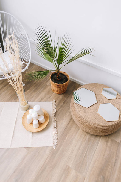 Palm tree in a pot and rathan decoration elements. Экологичный дизайн интерьера гостиной в современном доме. - Фото, изображение